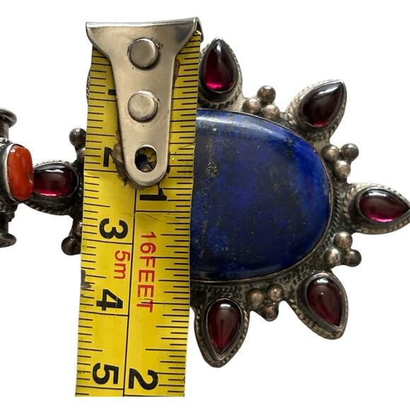 925 Sterling Silver Blue Lapis Red Coral Garnet Ornate Oval Pendant Native 40g - Picture 10 of 11